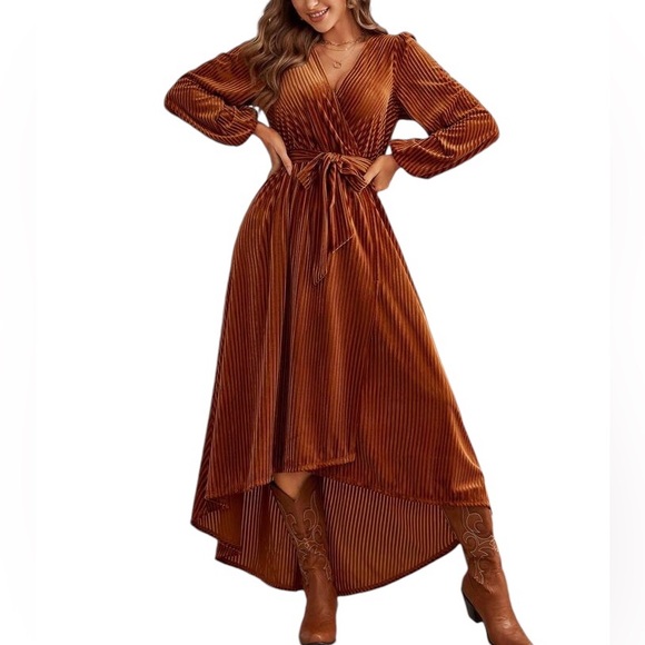 BERRYGO fall midi rust ribbed high long long sleeve V front wrap tie dress NWT - Picture 3 of 10